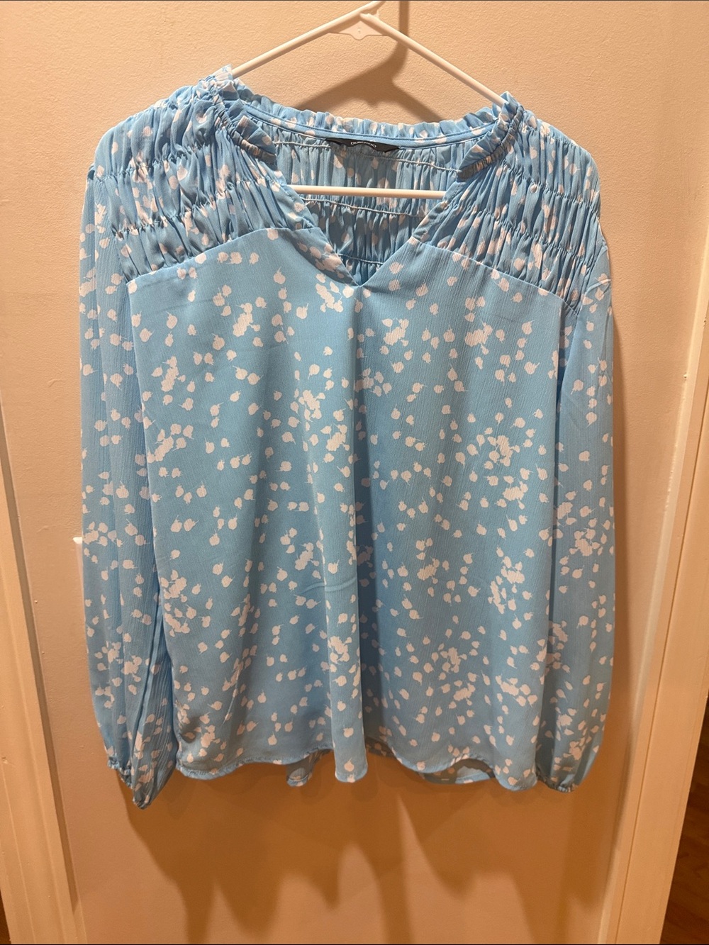 Light Blue Smocked Yoke Blouse with White Spot Print